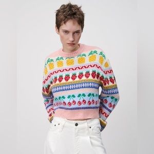 ZARA Fruit Jacquard Sweater size Small S 🍒🍓🍍
